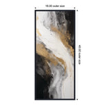 Vertical abstract canvas print with swirling black, white, and metallic gold brushstrokes framed in a slim black border, measuring 18 by 40 inches.