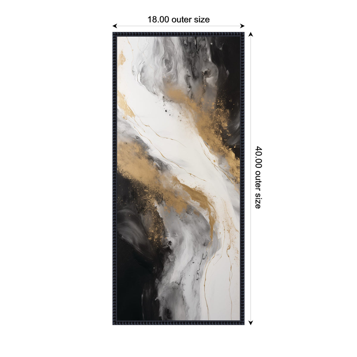Vertical abstract canvas print with swirling black, white, and metallic gold brushstrokes framed in a slim black border, measuring 18 by 40 inches.