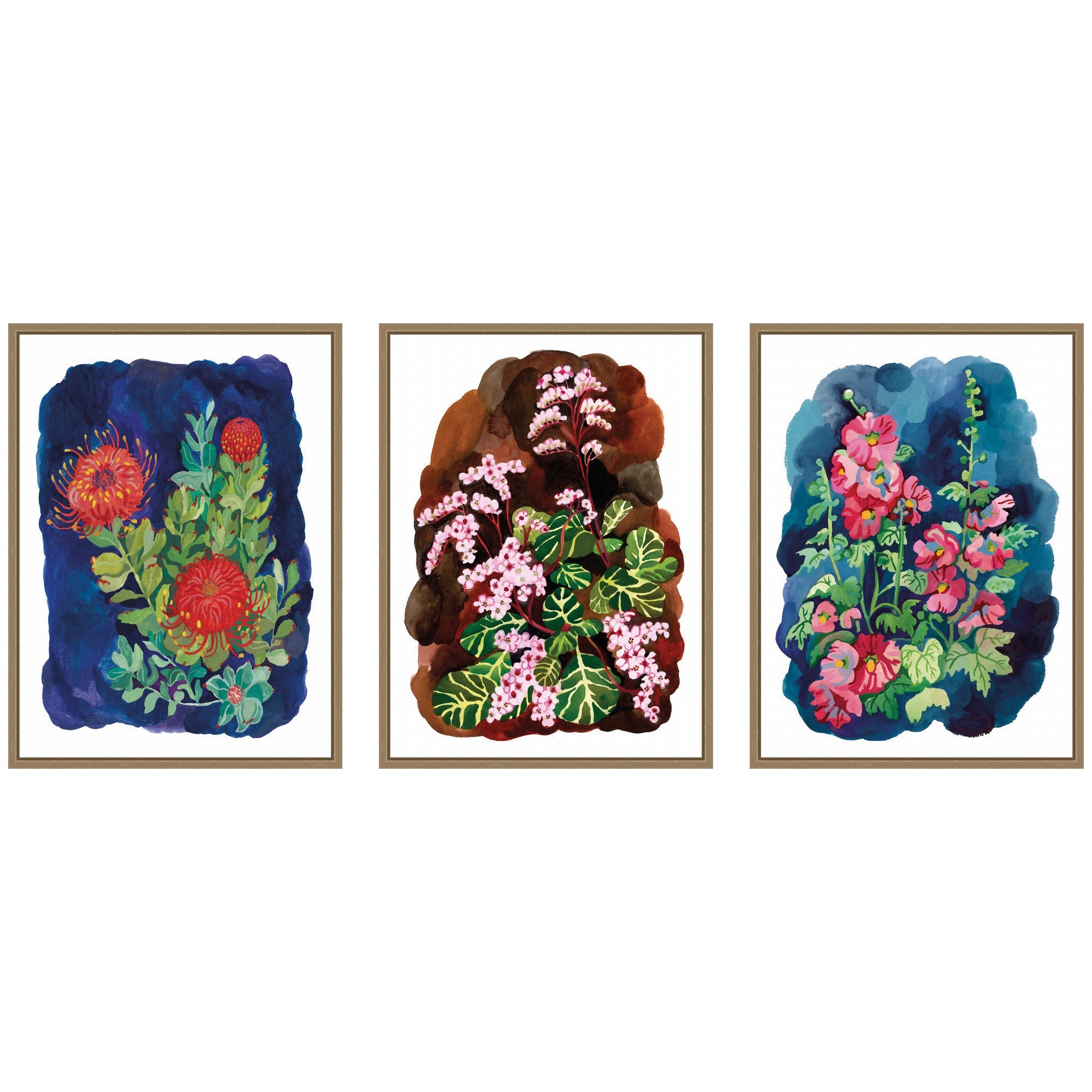 Proteas in Blue & Hollyhock 3 Piece Framed Canvas Wall Art Set by Lucia Gianello by kateandlaurel