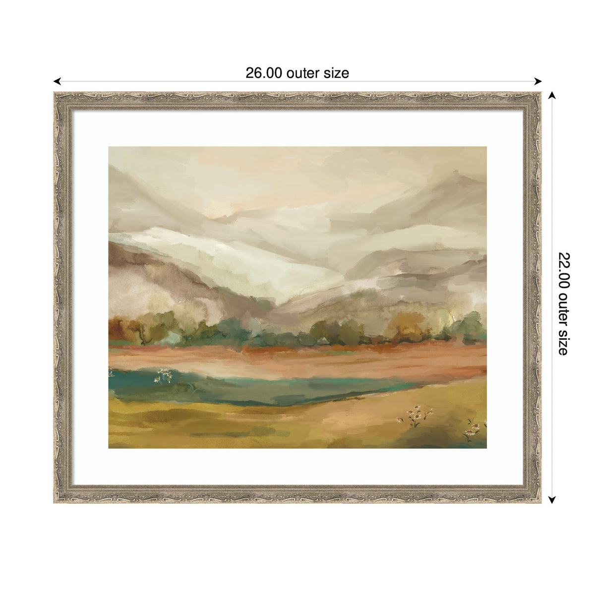 Softly painted landscape of misty mountains in muted greens and browns with a blurred foreground of fields and trees, framed in an ornate light frame.
