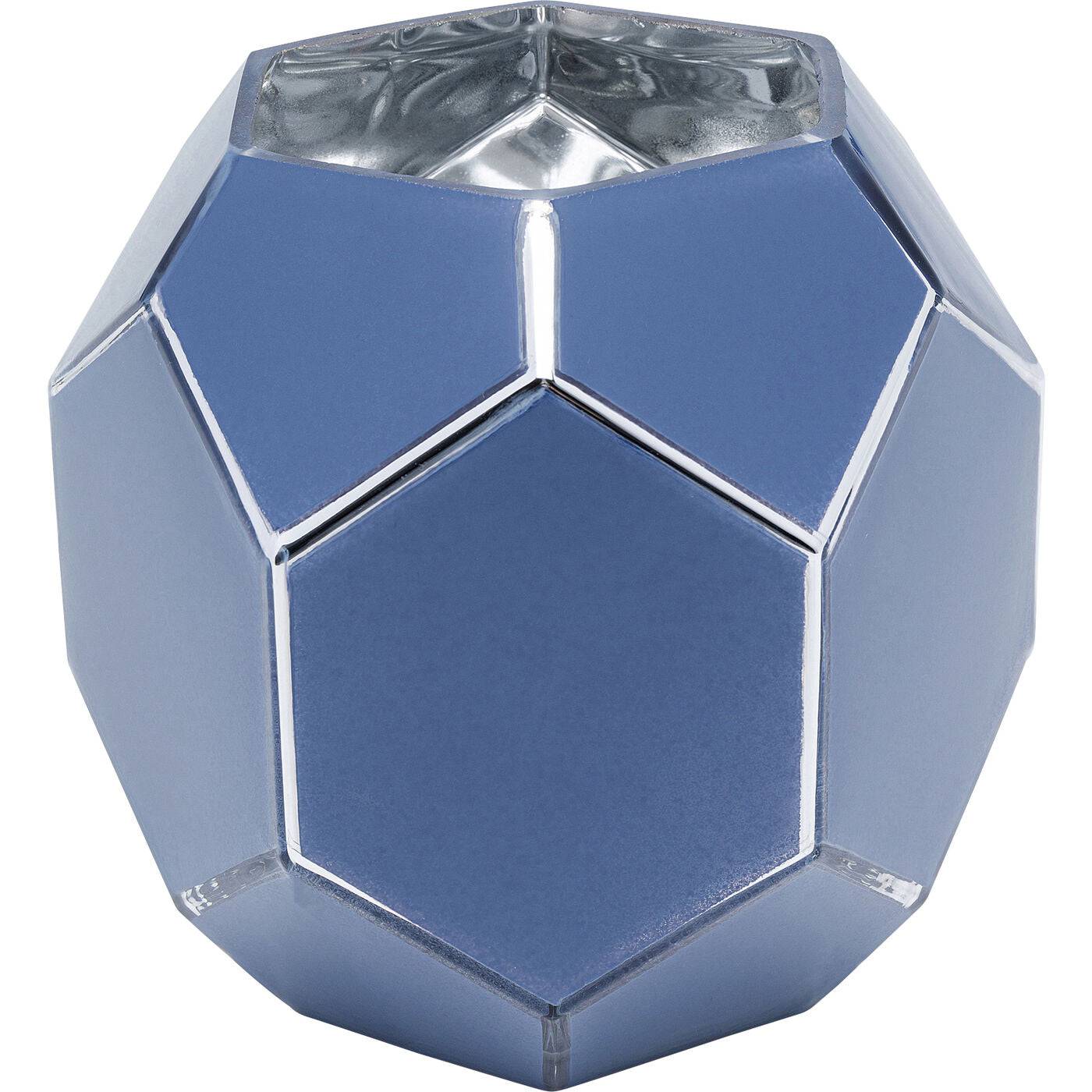 Blue hexagonal lacquered glass vase with silver geometric lines, 17cm tall
