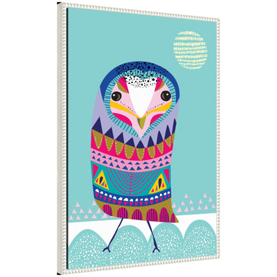 Framed canvas art featuring a colorful abstract folk owl with boho style by Rachel Lee
