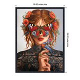 Portrait of a woman with wavy auburn hair adorned with red poppies, wearing black lace, and a red butterfly covering her eyes as she holds a blue bird with flowers on her fingers.