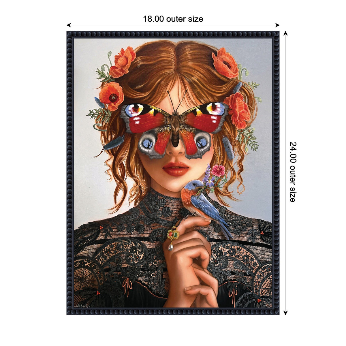 Portrait of a woman with wavy auburn hair adorned with red poppies, wearing black lace, and a red butterfly covering her eyes as she holds a blue bird with flowers on her fingers.