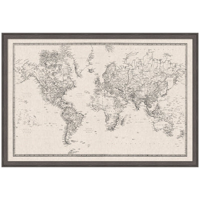 Framed Fabric Pinboard Vintage Black and White Linen World Map Wall Organization
