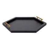 Hexagon-shaped black tray with raised edges and two gold cylindrical handles on opposite sides, shown on a white background.