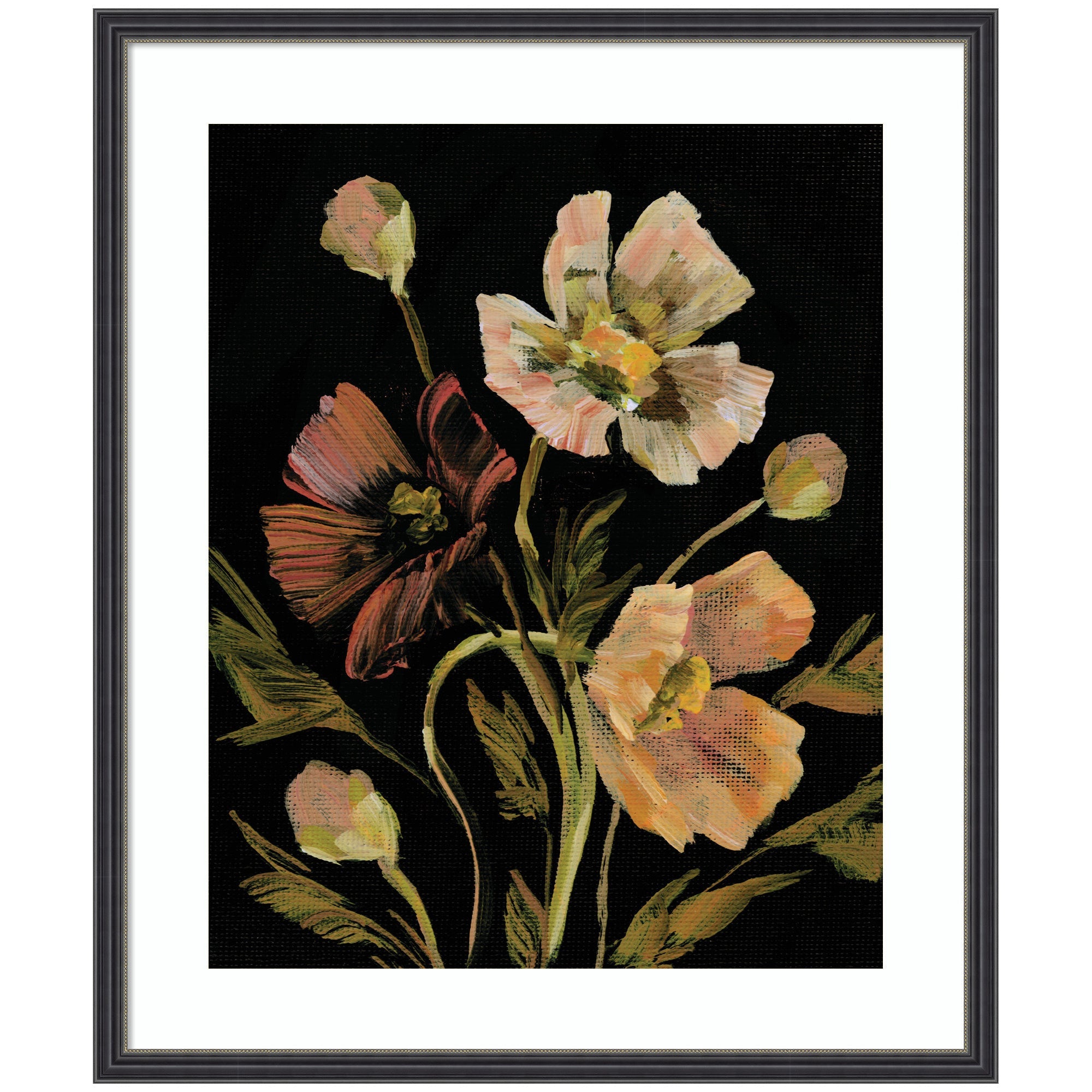 Framed floral artwork showing detailed blooms with vivid colors set against a dark background in black narrow frame