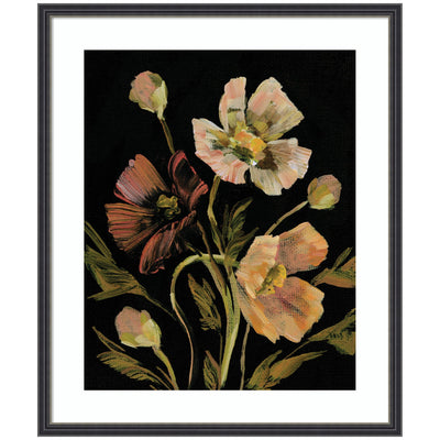 Framed floral artwork showing detailed blooms with vivid colors set against a dark background in black narrow frame