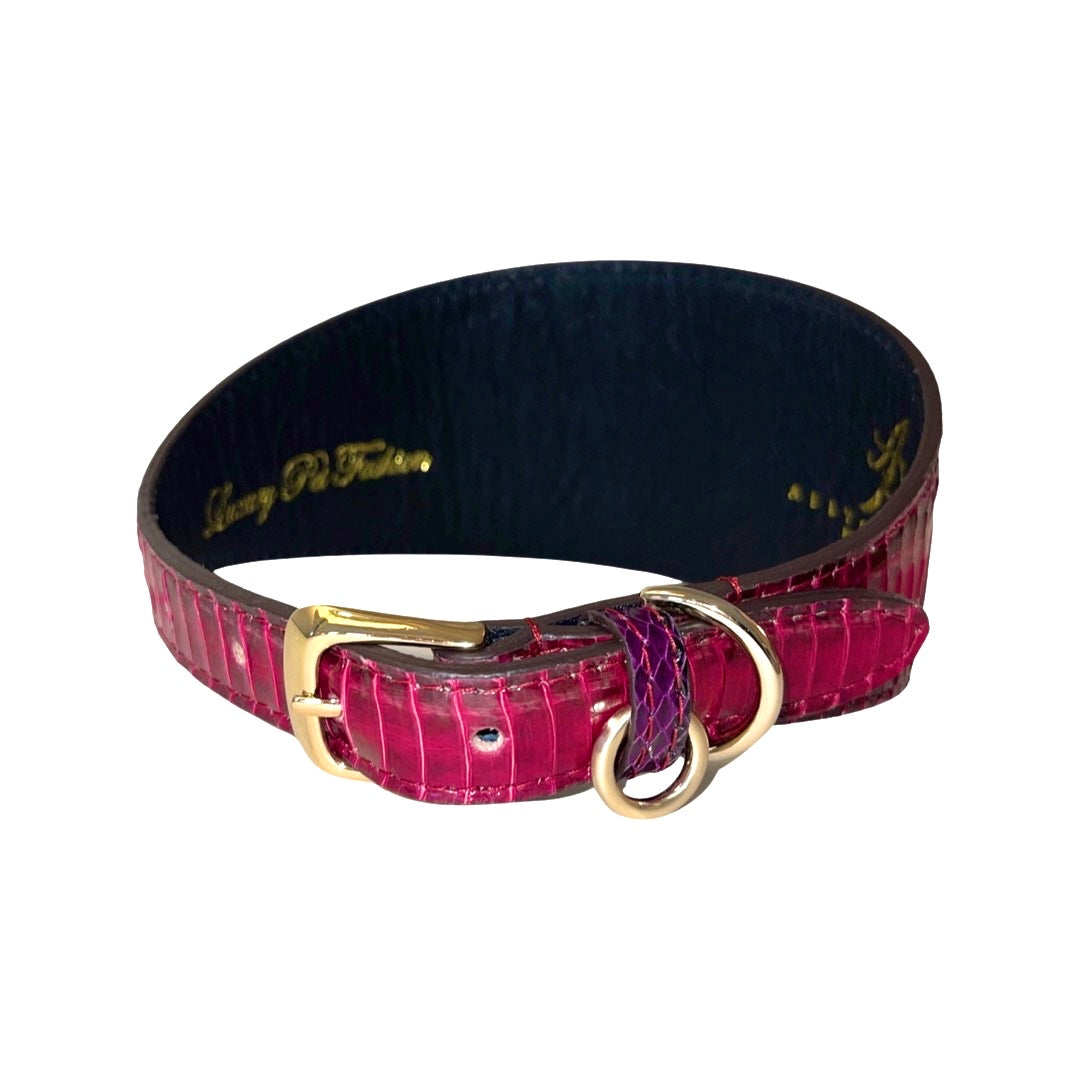 3-inch wide pet collar in ruby red with purple snake pattern accents and gold-tone buckle and D-ring on black inner lining