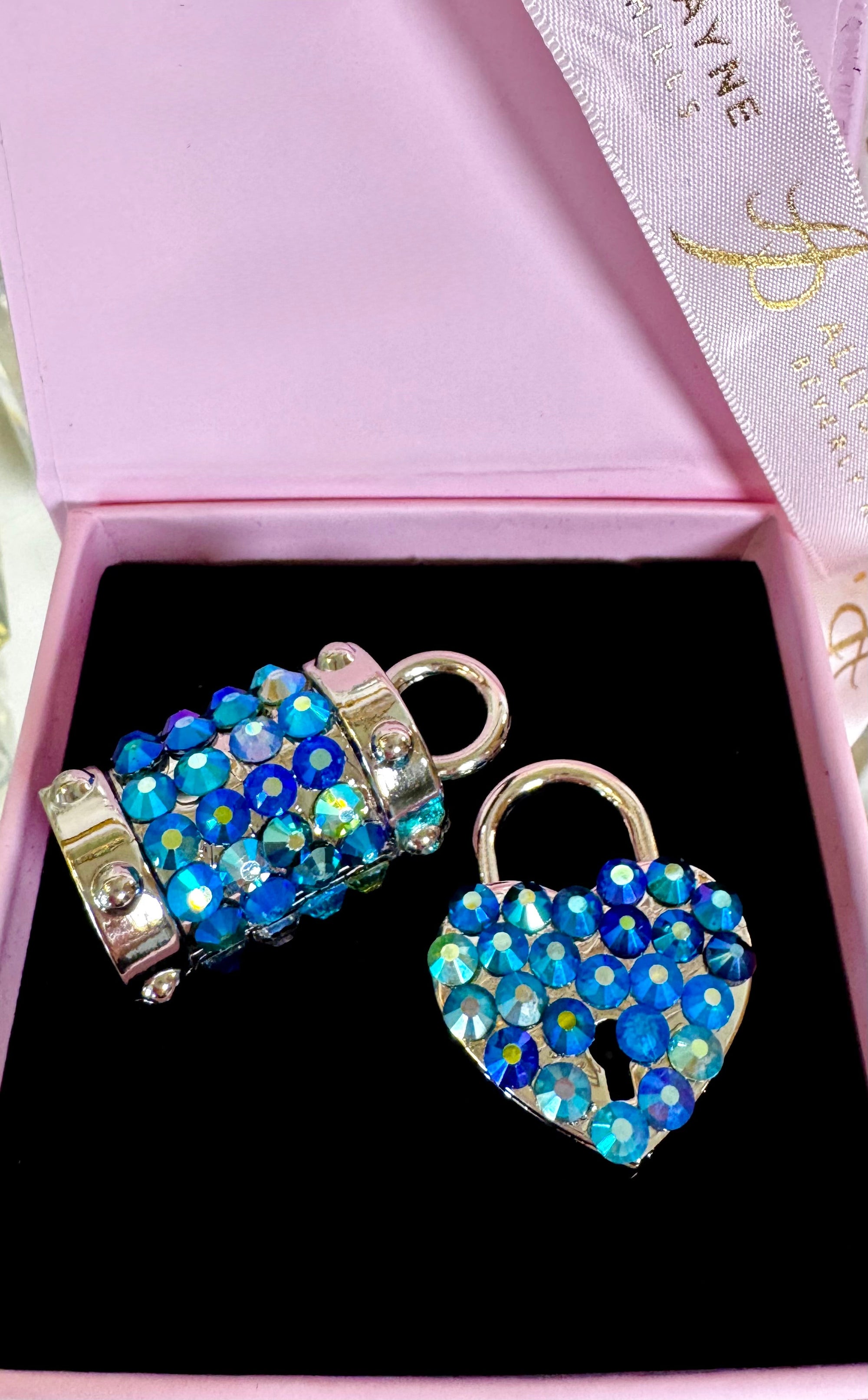 Blue Swarovski Crystal Love Charm Set featuring heart locket and bell charm on polished silver-tone hardware