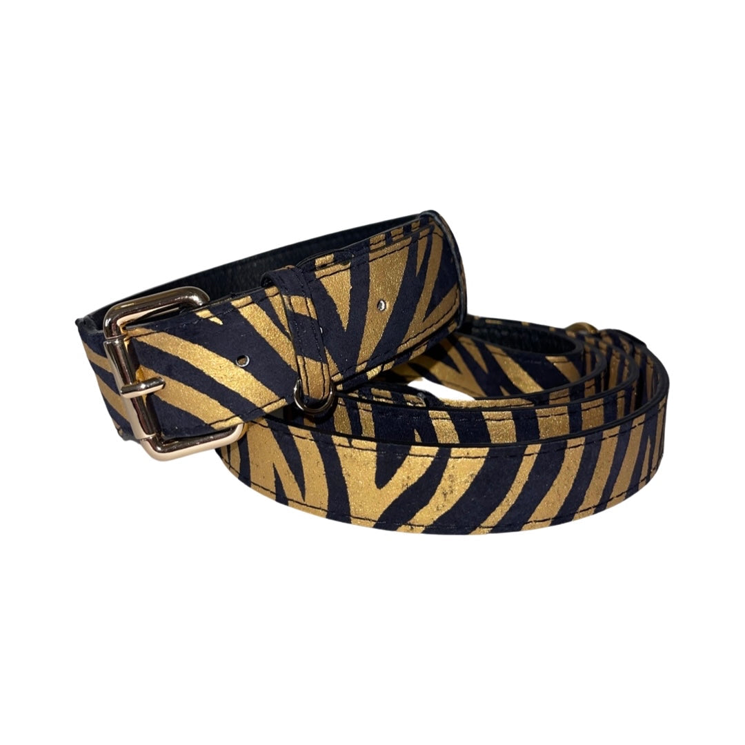 Black and Gold Zebra Print Italian Leather Classic Collar & Leash Set laid out on white background