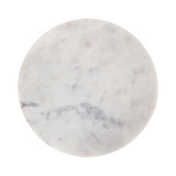 Round white marble surface with subtle gray and brown veining, shown flat from above.