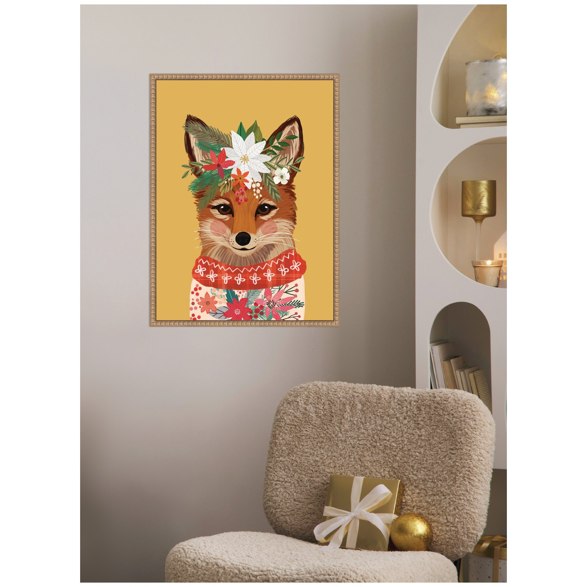 Sylvie Beaded Christmas Fox Framed Canvas by Mia Charro