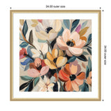 Abstract bouquet of large flowers in soft peach, cream, orange, and blue tones with dark centers on a beige background, framed in light wood.