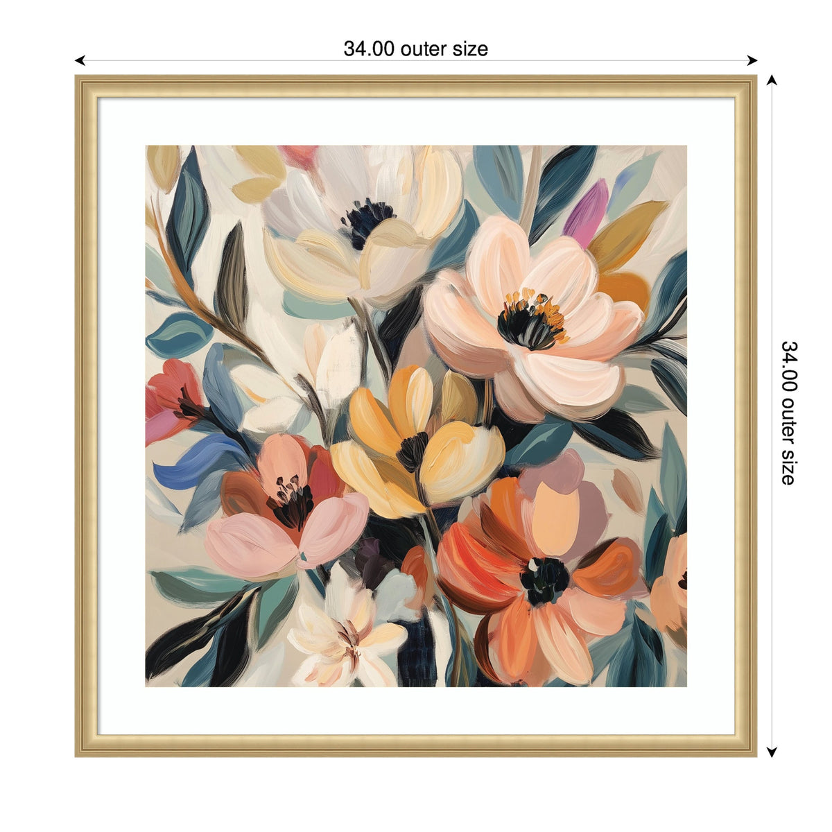 Abstract bouquet of large flowers in soft peach, cream, orange, and blue tones with dark centers on a beige background, framed in light wood.
