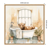 Watercolor painting of a brown Highland cow sitting in a white clawfoot bathtub with beige towel, surrounded by potted plants in a tiled bathroom with arched window.