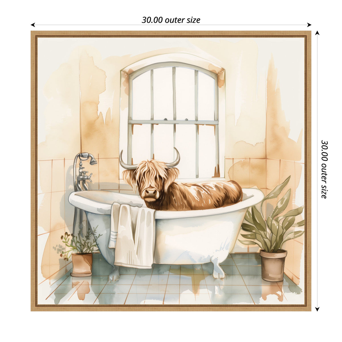 Watercolor painting of a brown Highland cow sitting in a white clawfoot bathtub with beige towel, surrounded by potted plants in a tiled bathroom with arched window.