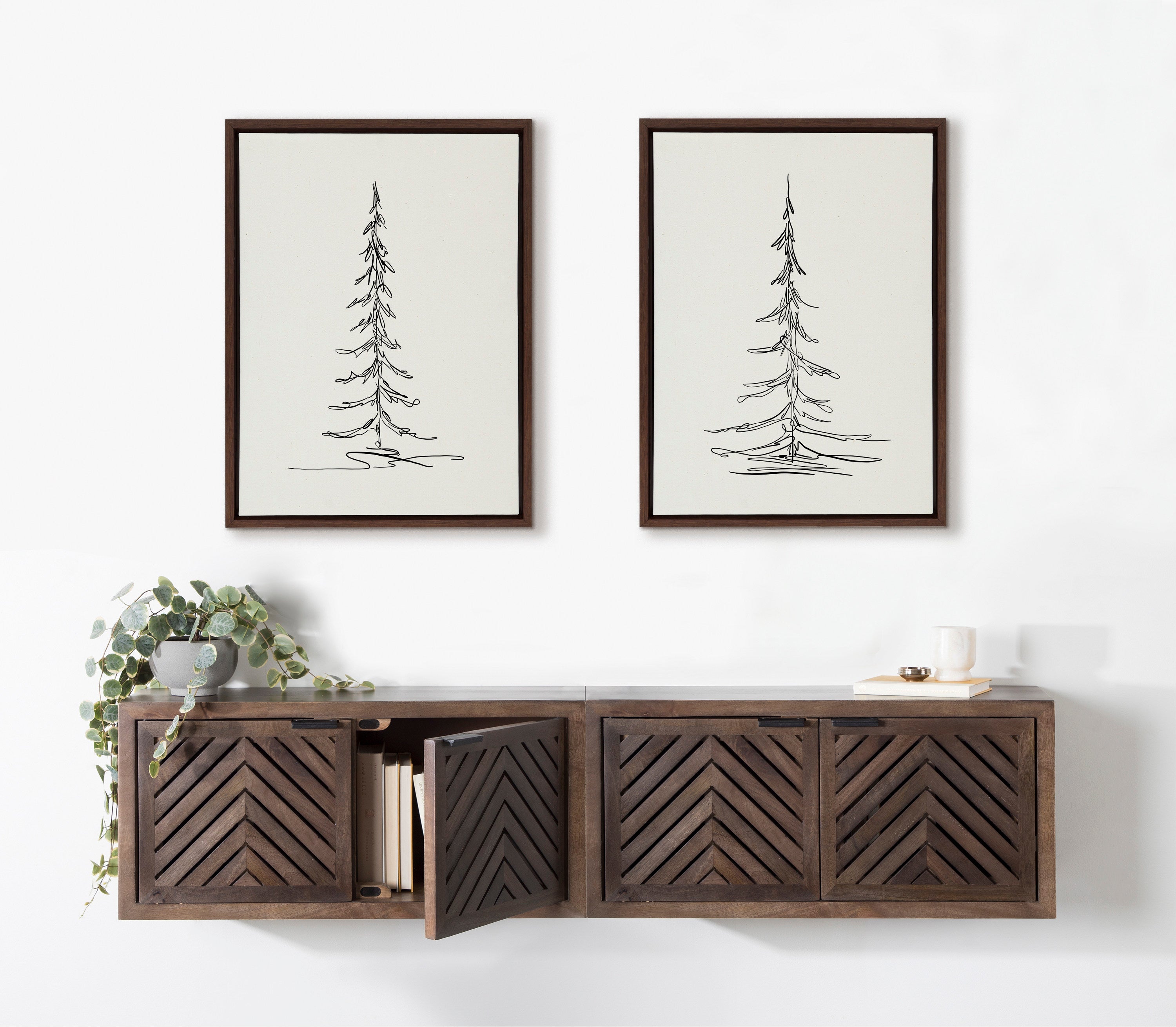Sylvie Minimalist Evergreen Trees Sketch Framed Canvas Art Set by The Creative Bunch Studio