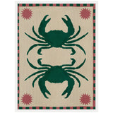 Two symmetrical dark green crabs aligned vertically on a textured beige background with four pink sun-like shapes in corners and a checkered red and green border.