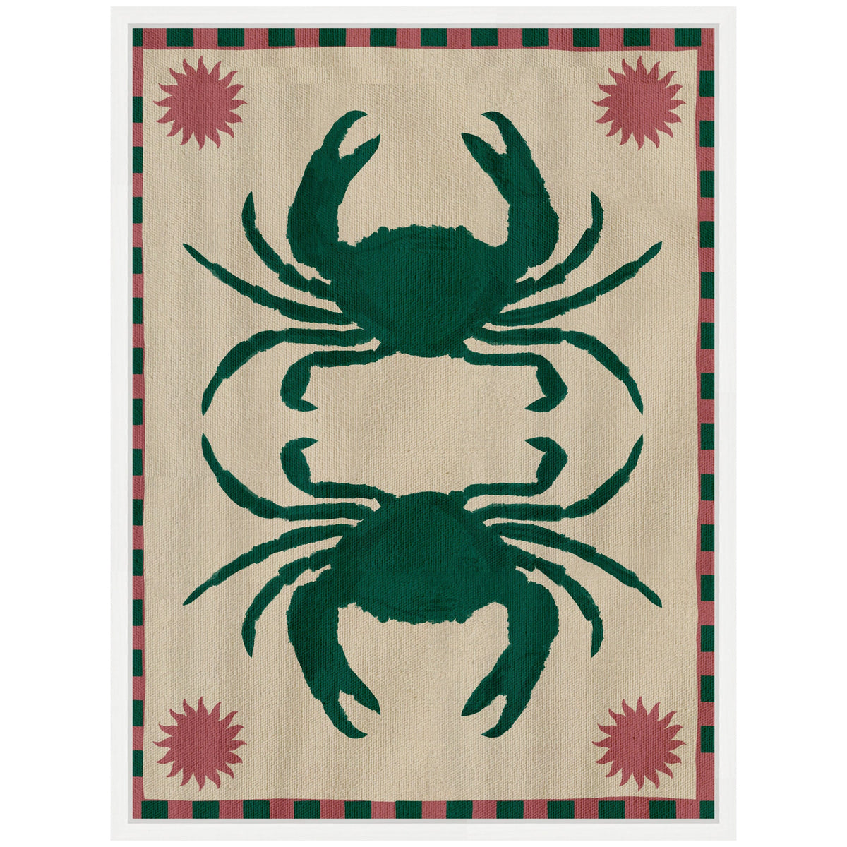 Two symmetrical dark green crabs aligned vertically on a textured beige background with four pink sun-like shapes in corners and a checkered red and green border.