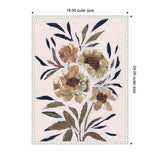 Framed canvas artwork featuring muted floral painting with beige and brown flowers and deep green leaves against a pale pink background, bordered with a white ornate frame.