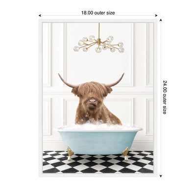Sylvie Highland Cow in Blue Bathtub on Checker Floor Framed Canvas by Amy Peterson