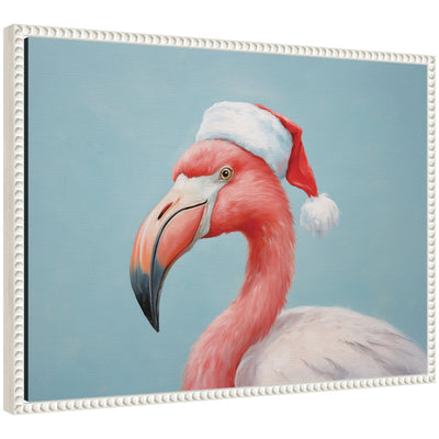 Framed canvas artwork showing a vintage beaded flamingo wearing a red Santa hat