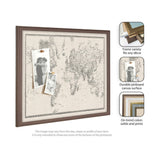 Square pinboard featuring a vintage black and white world map printed on textured linen fabric, framed in a medium-tone wood with a simple profile, displaying two pinned black and white photographs.