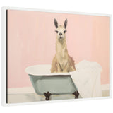 Framed canvas print depicting a charming boho cottage farmhouse llama in a bathtub scene with surrounding decor.