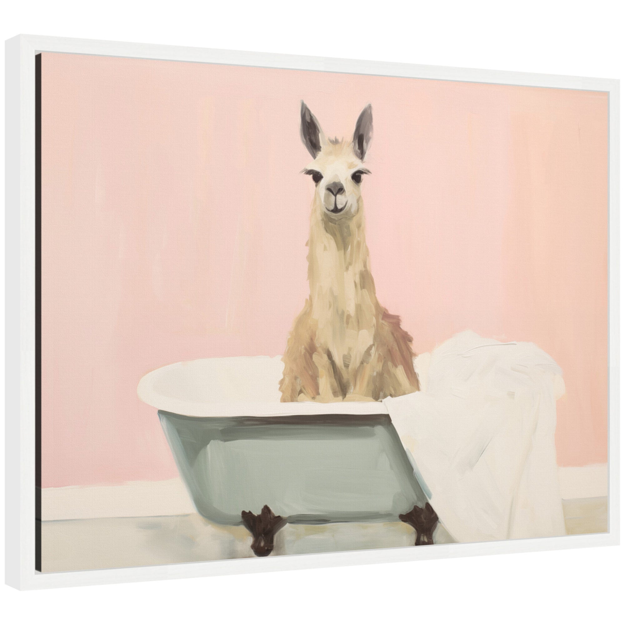 Framed canvas print depicting a charming boho cottage farmhouse llama in a bathtub scene with surrounding decor.