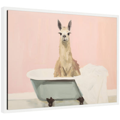 Framed canvas print depicting a charming boho cottage farmhouse llama in a bathtub scene with surrounding decor.