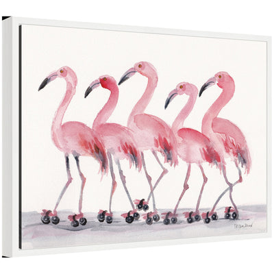 Framed canvas art showing roller skating flamingos in a playful pose