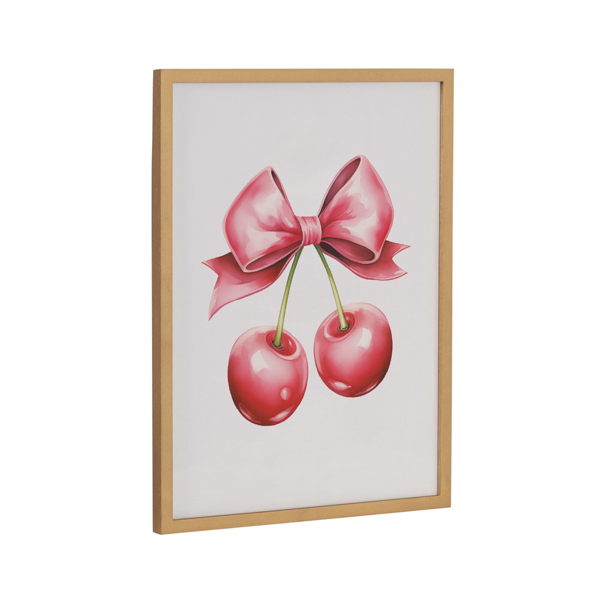 Framed print showing red cherries with pink bows on a white background in a gold frame