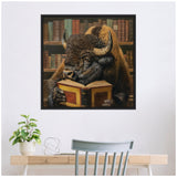 Framed artwork of a brown buffalo with large curved horns reading an open book, set against a backdrop of a wooden bookshelf filled with books.