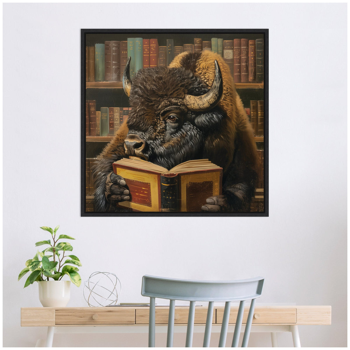 Framed artwork of a brown buffalo with large curved horns reading an open book, set against a backdrop of a wooden bookshelf filled with books.
