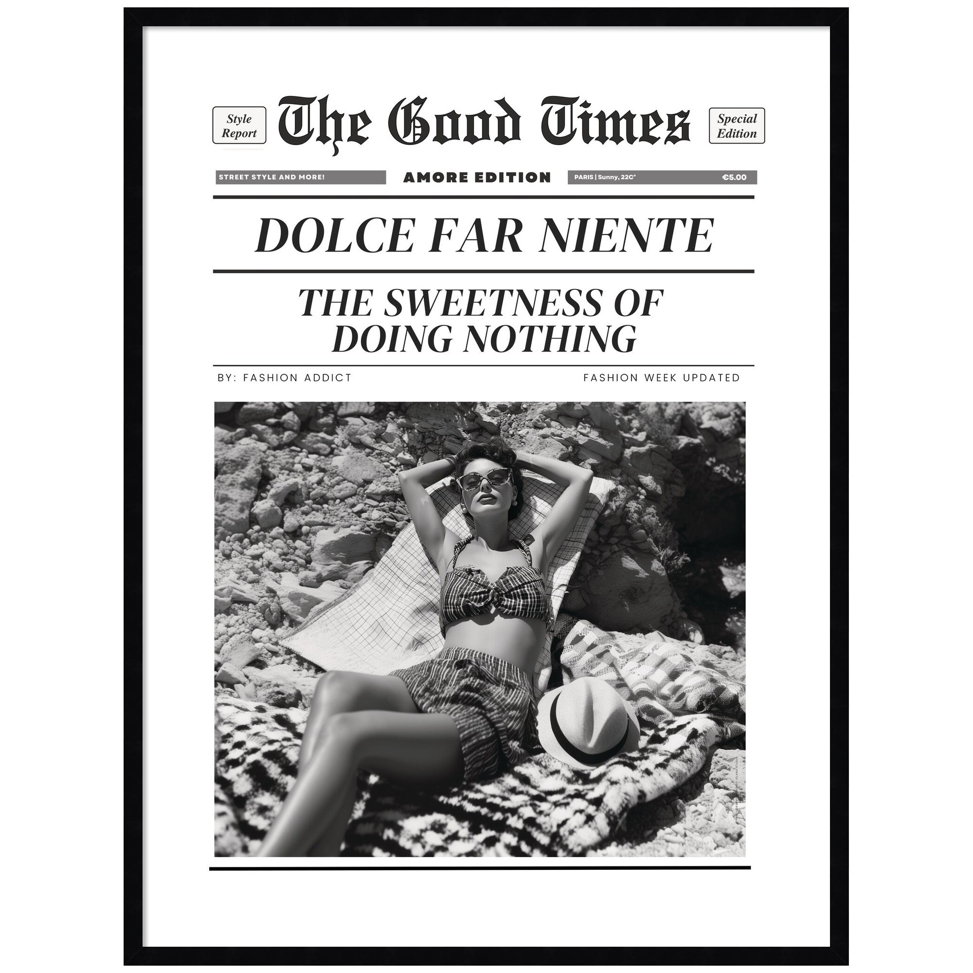 Framed wall art print of The Good Times Newspaper Dolce Far Niente by Honey Island Studio showing hand framing and detailed print.