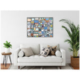 Abstract geometric canvas with multicolored rectangles and rounded shapes in muted tones of blue, orange, gray, and beige, framed in dark wood on a white wall above a white sofa.