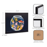 Illustration of an orange goldfish swimming inside a clear round bowl with pink and yellow aquatic plants, set against a dark blue background in a black-framed gallery print.
