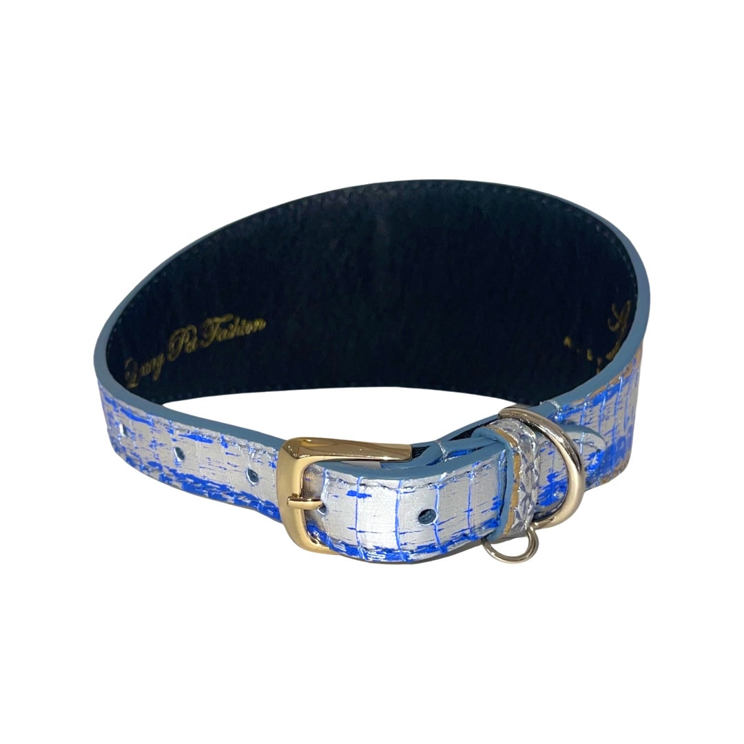 3-inch wide dog collar in blue, silver, and gold with a shiny textured pattern, featuring a gold buckle and silver D-rings, shown on a plain white background.