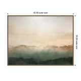 Abstract horizontal landscape with soft green and beige tones resembling misty mountains under a pale sky, framed in simple light wood, measuring 42 by 32 inches.
