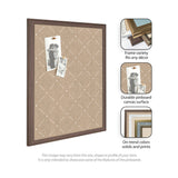 Beige lattice pattern pinboard with dark wood frame displaying two black-and-white photos pinned by brown buttons, surrounded by close-ups of frame, surface, and color options.