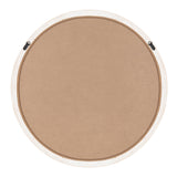 Round wall mirror with a thin light wood frame, viewed from the back showing the plain brown hardboard backing and two black hanging hooks at the top sides.