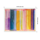 Framed abstract canvas featuring vertical translucent stripes in purple, blue, yellow, and pink hues blending softly across a white background, with dimensions labeled 24 by 18 inches.