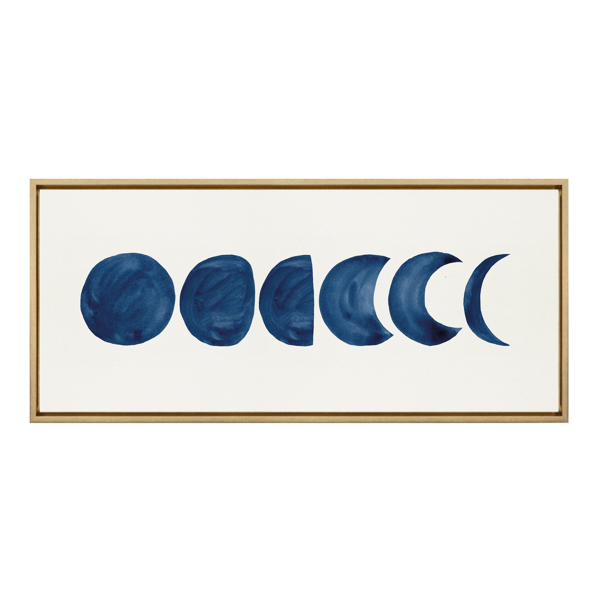 Sylvie Linear Moon Phases framed canvas art by Teju Reval depicting the moon phases in a linear arrangement with a modern frame on a white wall