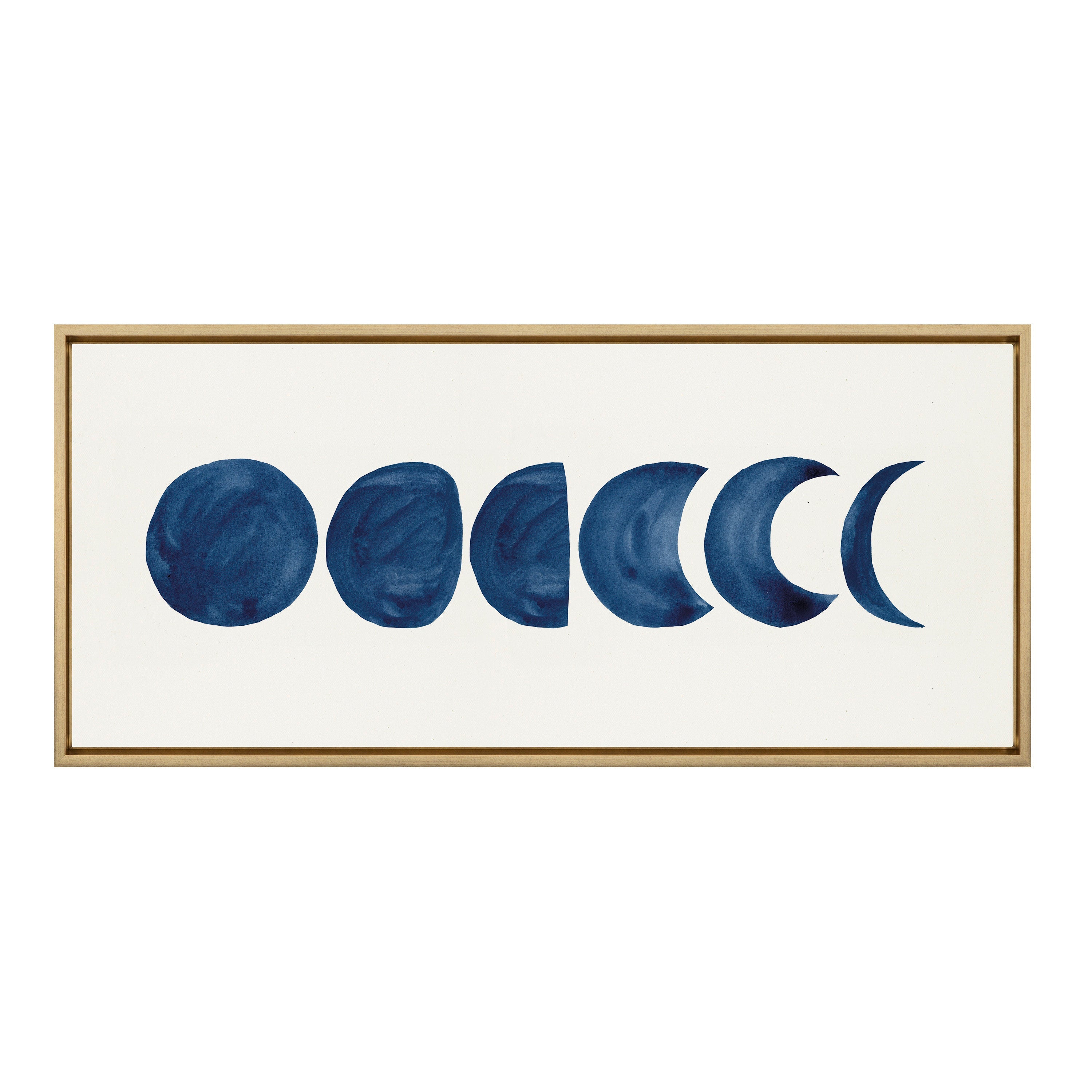 Sylvie Linear Moon Phases framed canvas art by Teju Reval depicting the moon phases in a linear arrangement with a modern frame on a white wall