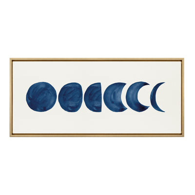Sylvie Linear Moon Phases framed canvas art by Teju Reval depicting the moon phases in a linear arrangement with a modern frame on a white wall