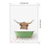 Highland cow with long shaggy hair submerged in a green clawfoot bathtub filled with bubbles, a yellow rubber duck perched on its right horn, on colorful tiled floor.