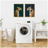 Two framed animal portraits hung above a white front-loading washing machine; one features a gold and emerald leopard on a green background, the other an orange and black tiger on navy.