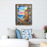 Wall art resembling a wooden window opening to a coastal scene with rocky shore, blue sea, and colorful sunset sky, framed by rustic wood.