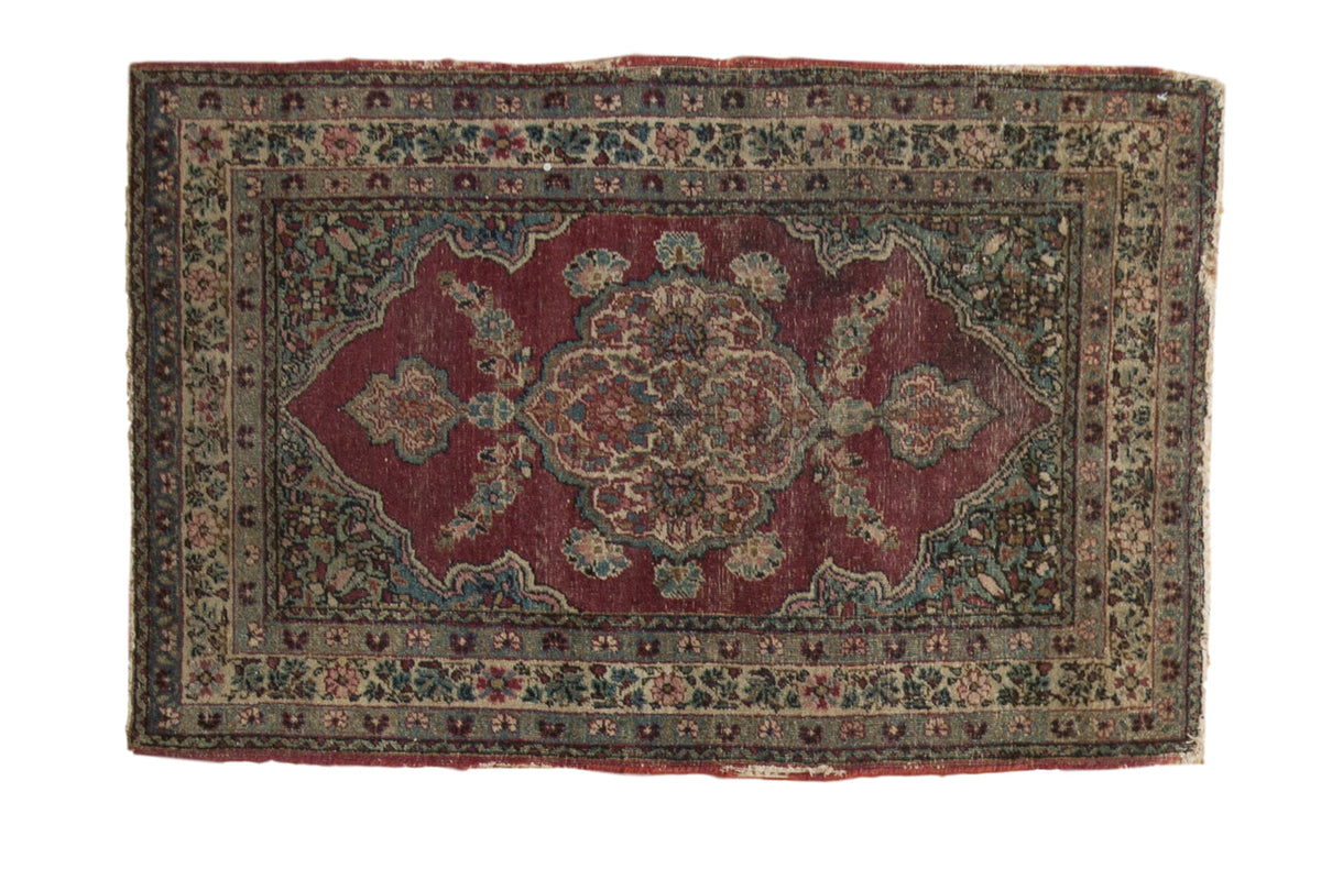2x3 Antique Kerman Rug Mat with scalloped center medallion and floral bouquets in fuchsia, ivory, charcoal, sky blue, and sea-foam green
